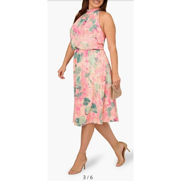 Adrianna Papell Pink Floral Halter Knee Length Chiffon Dress Sleeveless Tie - Picture 3 of 6